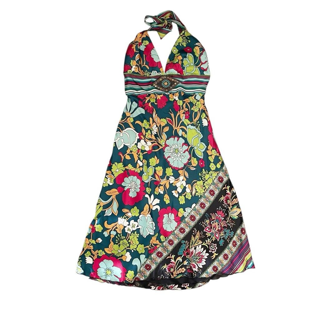 Anna Paul Silk Retro Floral Halter Y2K Girly Boho Dress size S